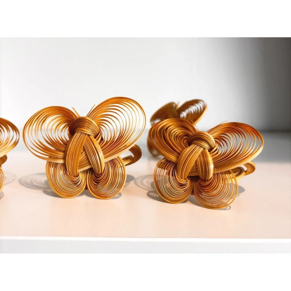 Vintage Woven Rattan Butterfly Napkin Rings Set of 4 Natural Boho Table Decor